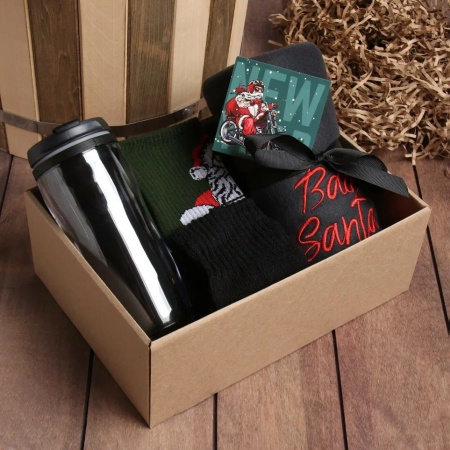 Набор подарочный Этель Плохой Санта: плед, носки, перчатки, термостакан арт.9848695